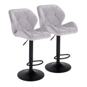 Tabourets de Bar Design en Velours Blanc– Assise Géométrique et Pied Noir Mat Orientable