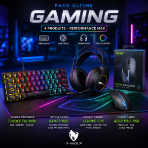 Pack Ultime Gaming 4 en 1 : Clavier Mécanique T-Wolf, Souris Acer, Casque Lenovo & Tapis RGB