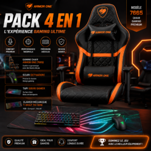 Pack Gamer 4 en 1 Premium : Chaise Ergonomique ARMOR ONE + Clavier T-WOLF T61 + Souris Razer + Tapis RGB