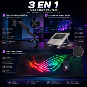 Pack Gamer Complet 3 en 1 : Support Écran M252LA RGB + Laptop Stand Metal + Tapis Souris Gamer