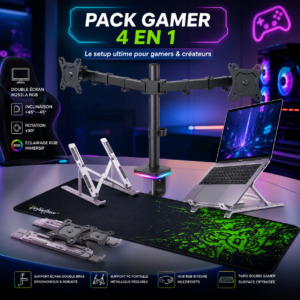 Pack Ergonomie Ultime : Support Double Écran avec Hub RGB, Support PC Portable Ajustable et Tapis Gamer